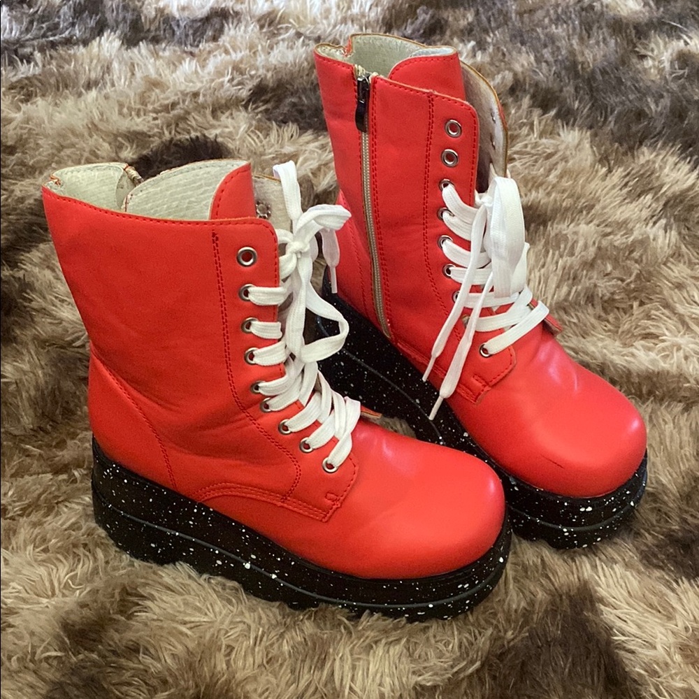 Red and Black Combat Moto Boots with Chunky Sole